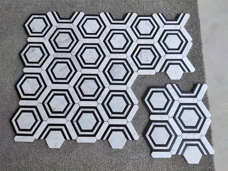 Mosaico hexagonal Thassos Nero Marquina Strips