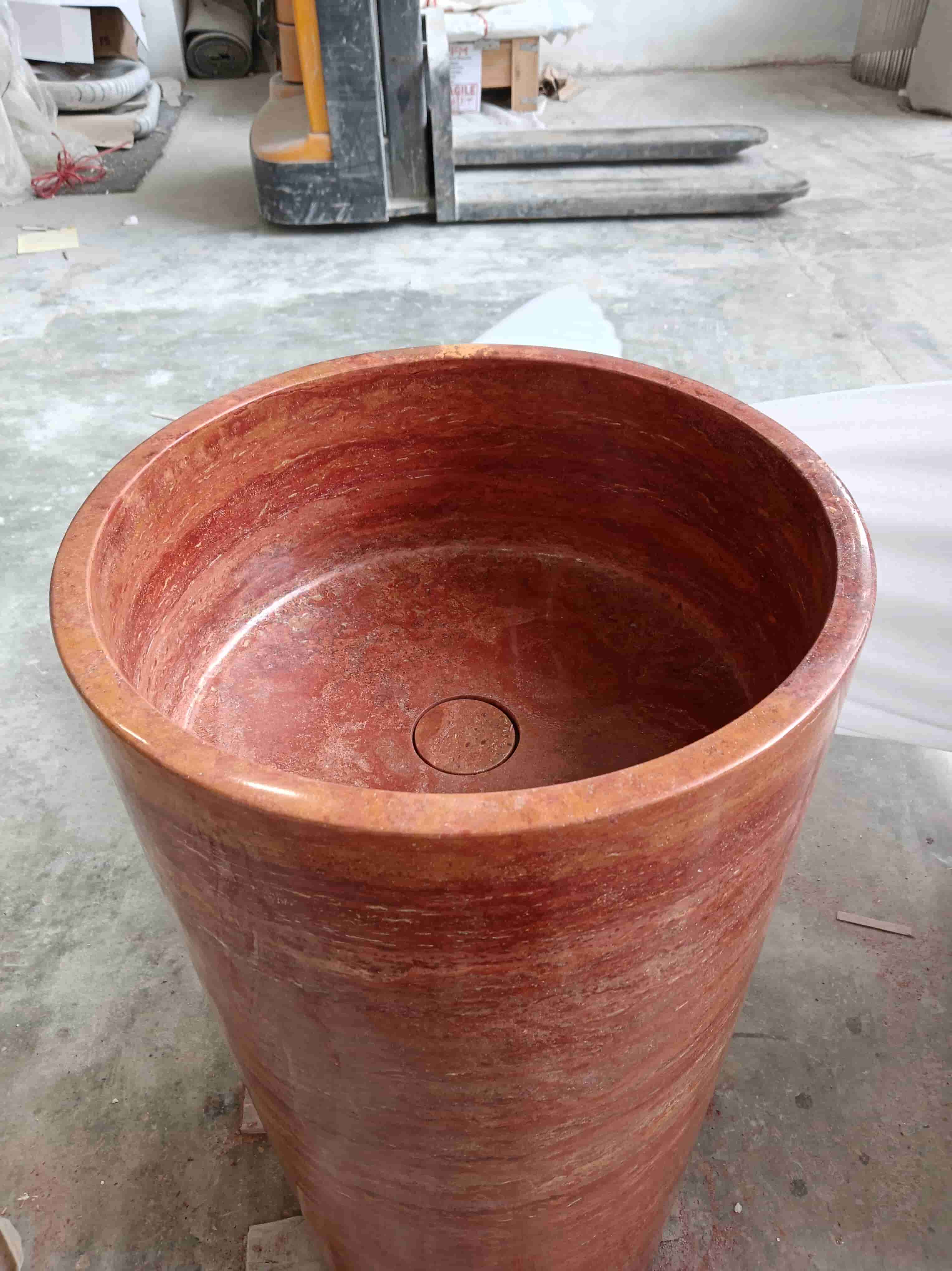 Customized Red Travertine Pedestal Standing Basin