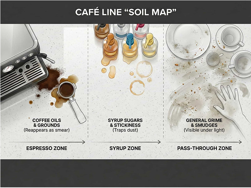 Caf&eacute; quartz countertops cleaning soil map showing espresso, syrup, pass-through zones