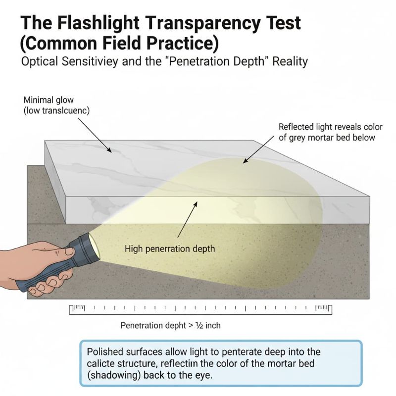 Flashlight shining through stone revealing mortar bed below.