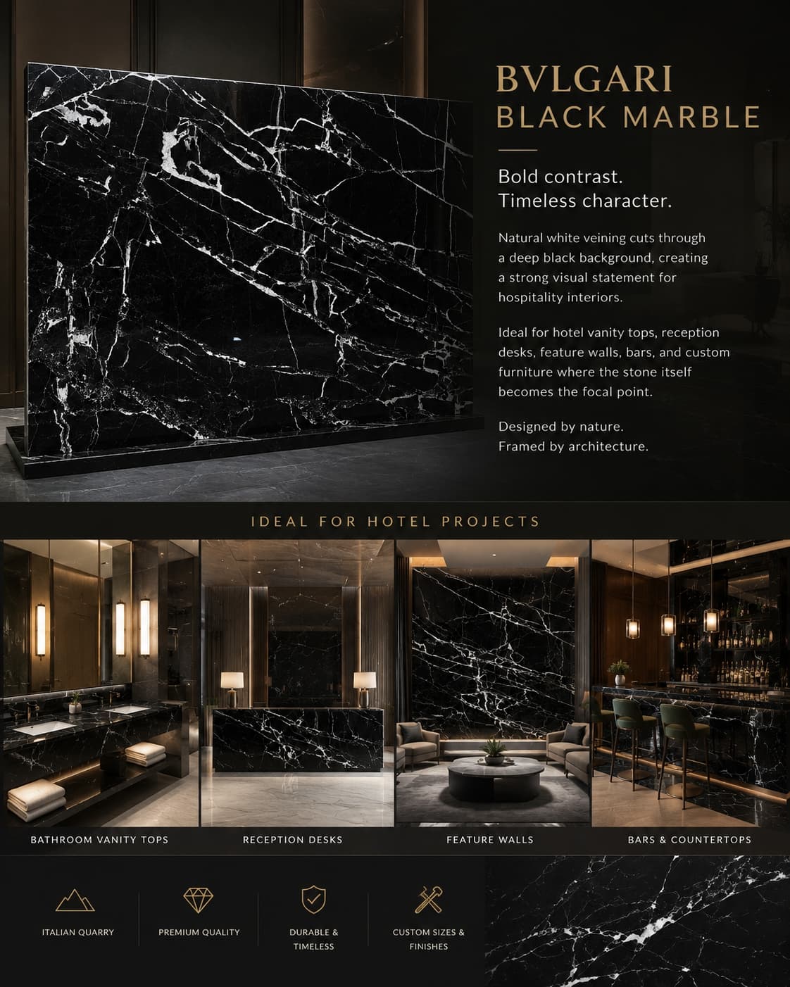 Advantages Dramatic black-white contrast instantly upgrades space to opulent, high-class style; perfectly matches gold, brass, dark wood and neutral paint tones Low water absorption resists daily water stains and oil marks better than many light-colored marbles Timeless design fits modern, minimalist, neoclassical and Italian luxury styles Advantages Dramatic black-white contrast instantly upgrades space to opulent, high-class style; perfectly matches gold, brass, dark wood and neutral paint tones Low water absorption resists daily water stains and oil marks better than many light-colored marbles Timeless design fits modern, minimalist, neoclassical and Italian luxury styles