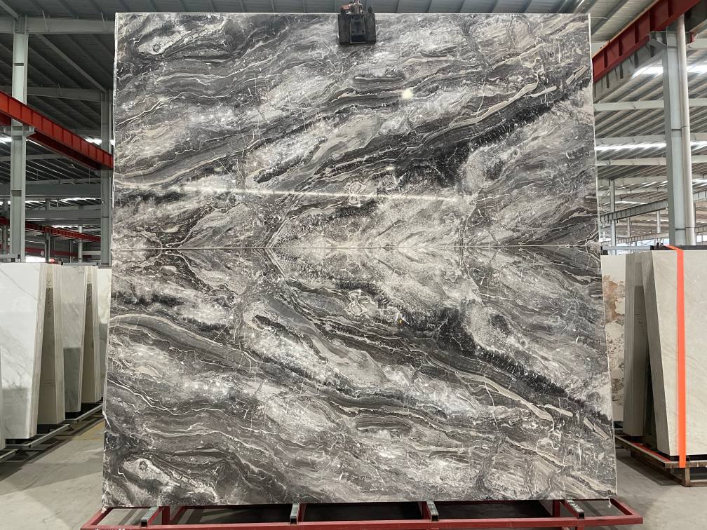 Dark gray bookmatch marble-look sintered stone slabs for Chile repeat order