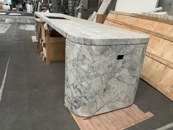 Super White Quartzite Reception Desk, Curved Stone Front Desk, Luxury Commercial Stone Furniture, Brazilian Grey Quartzite Fabrication